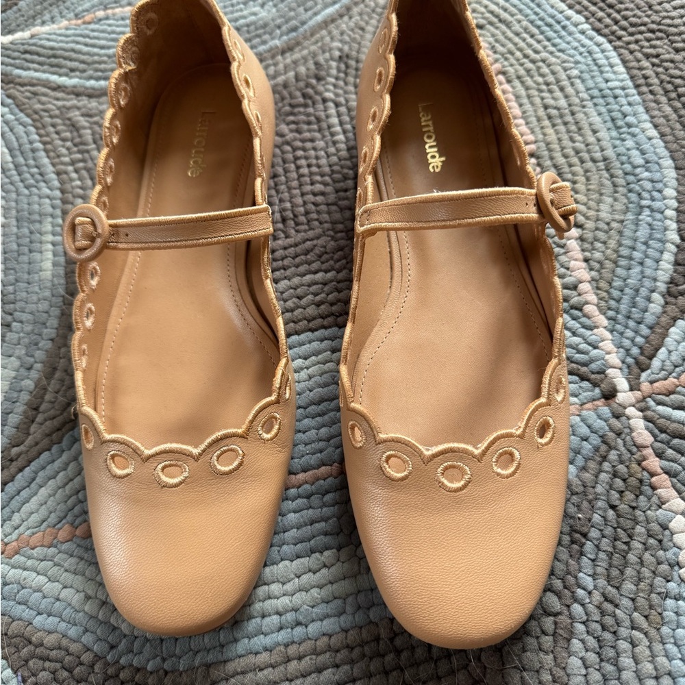 Larroude Tan Leather Flats with Scalloped Edges